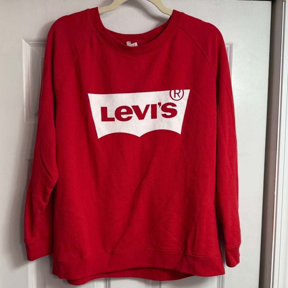 Levis Womens 2X Red Graphic Batwing Logo Crewneck Raglan Sweatshirt Pullover